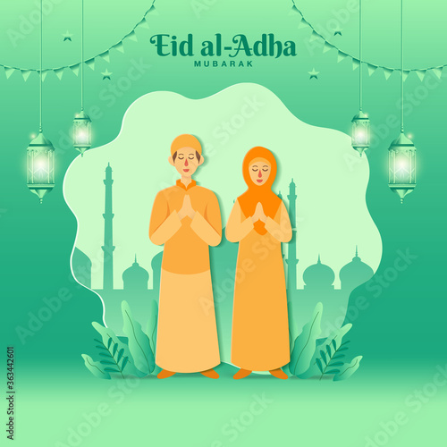 Eid al-Adha greeting card concept illustration in paper cut style with cartoon muslim couple blessing Eid al-Adha with mosque as 

background