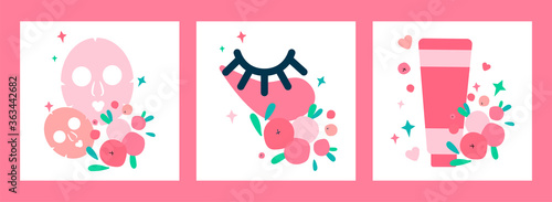 set of three illustrations with tube of cream, eye patches and masks for face skin. natural skin care based on cranberries and lingonberries. mask for the skin around the eyes.