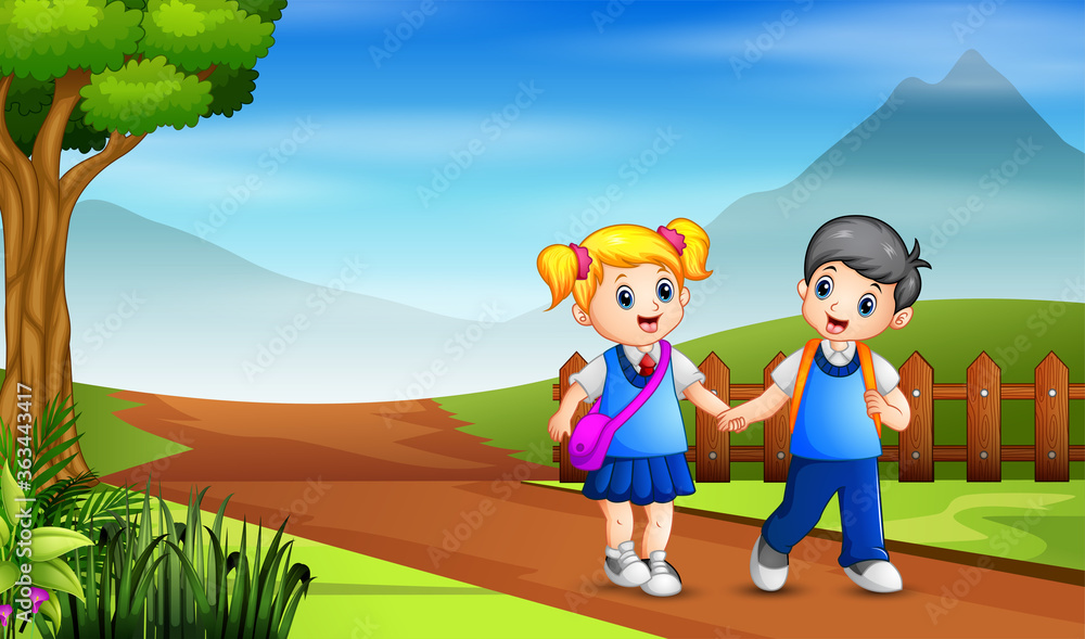 A young boy and girl  going to the school