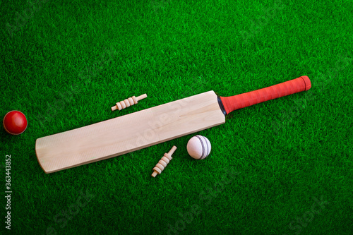 CRICKET GROUND, bat and ball bails placed on grass, cricket games backgrounds, asia, india.