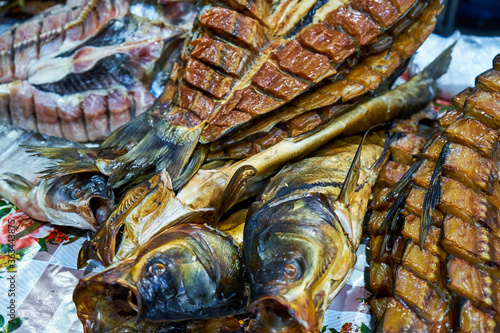 Image of smoked carp on the market in the market.