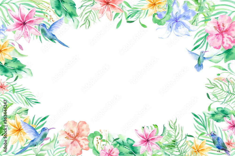 Watercolor frame background with tropical flowers, leaves. Hawaiian exotic illustrations for greeting card, wedding, wallpaper