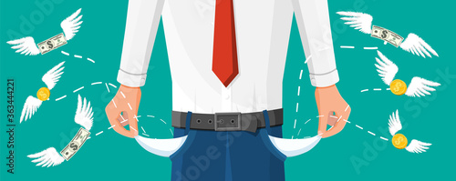 Businessman show empty pocket. Upset businessman with no money. Poor man. Economy problem or financial crisis, recession, inflation, bankruptcy, income lost, loss of capital. Flat vector illustration