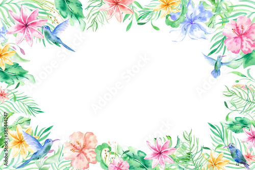 Watercolor frame background with tropical flowers, leaves. Hawaiian exotic illustrations for greeting card, wedding, wallpaper © iryna_boiko