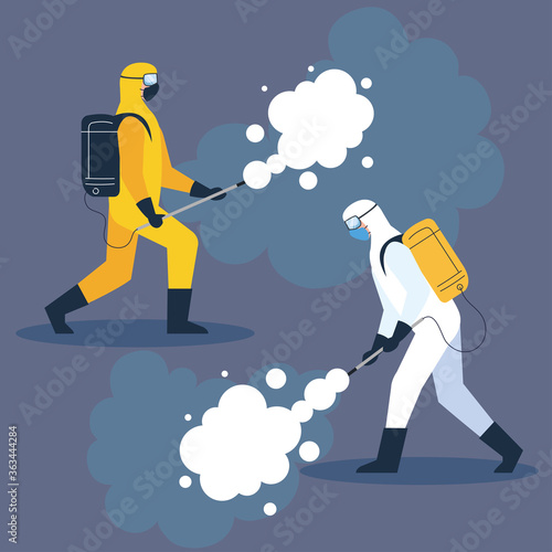 people in protective suit or clothing, spray to cleaning and disinfect virus, covid 19 disease, preventive measure vector illustration design