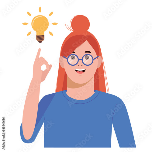 Problem solving concept. Woman thinks and solves a problem. A luminous bulb as symbol of the appearance of a creative idea. Cartoon flat illustration isolated on white background.