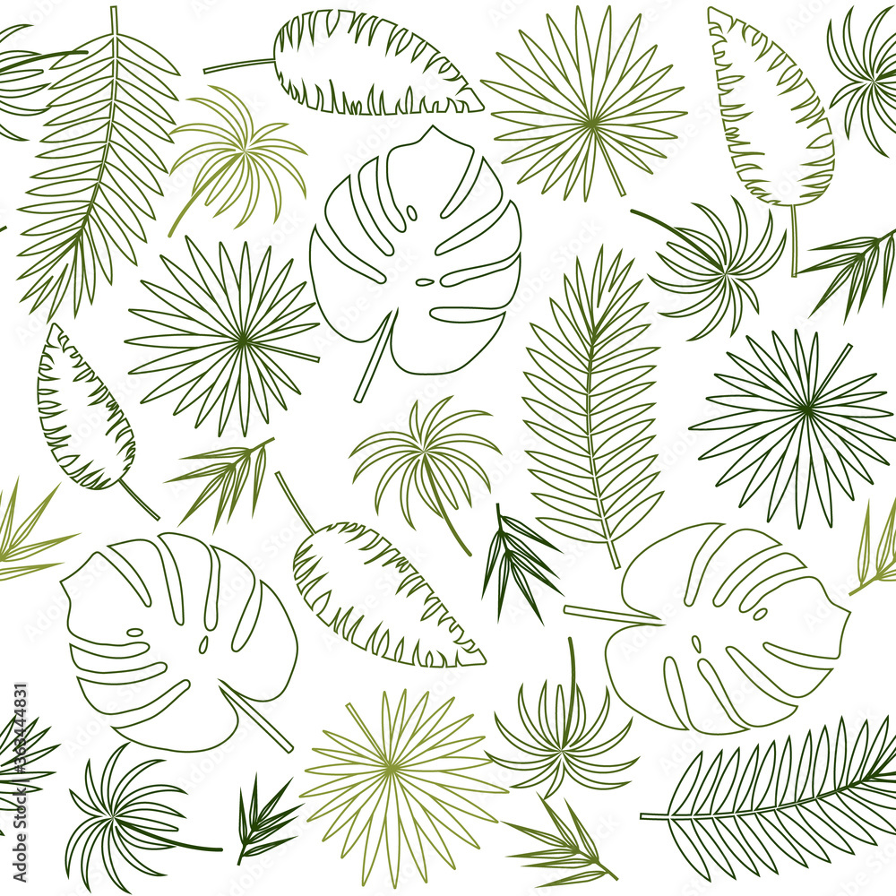 pattern of tropical leaves with a green outline on a white background, color vector illustration, texture, print, background, design, decoration pattern of tropical leaves with a green outline on a white background, color vector illustration, texture, print, background, design, decoration
