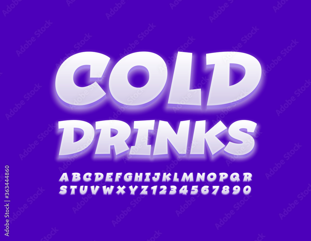 Vector fresh sign Cold Drinks with Glowing light Font. White comic Alphabet Letters and Numbers