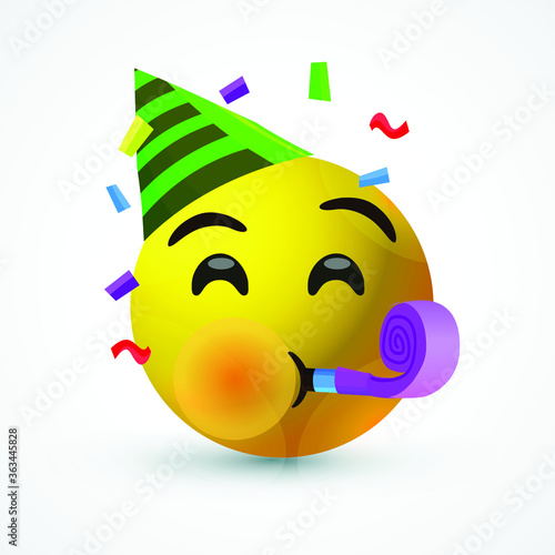 vector round yellow cartoon bubble Party Hat Horn emoticons comment social media Facebook Instagram Whatsapp chat comment reactions, icon template face emoji character message