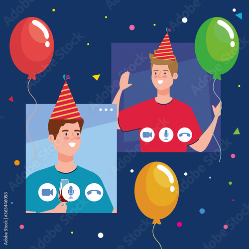 online party, meeting friends, men have online party together in quarantine, video conference, party web camera online holiday vector illustration design