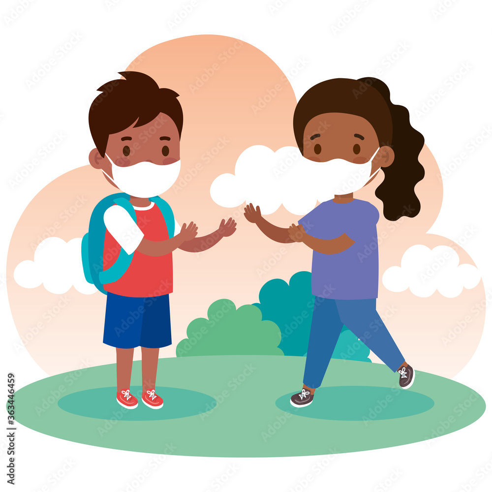 cute kids wearing medical mask to prevent coronavirus covid 19 with school bag in outdoor, little students wearing protective medical mask in grass vector illustration design