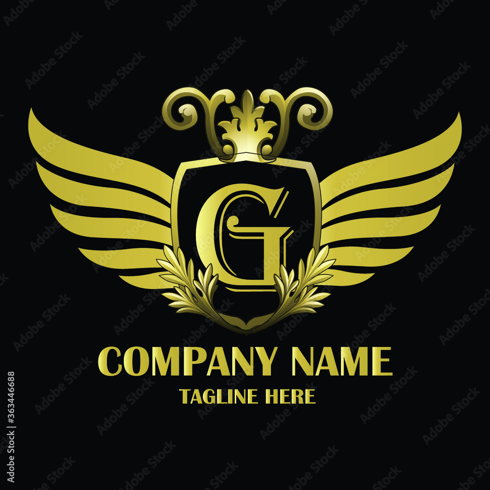 Luxury wing Initial Letter G Gold color with Shield. Vintage monogram logo perfect for book design, brand name, business card, Victory logo, vector logo template Luxury wing Initial Letter G Gold color with Shield. Vintage monogram logo perfect for book design, brand name, business card, Victory logo, vector logo template