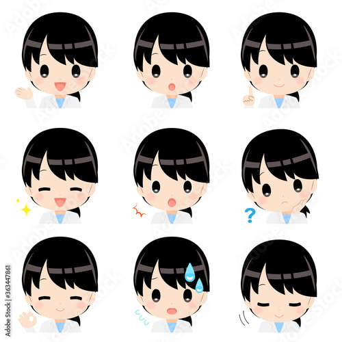 イラスト素材（主線なし）白衣を着た黒髪女性の表情アイコンセット