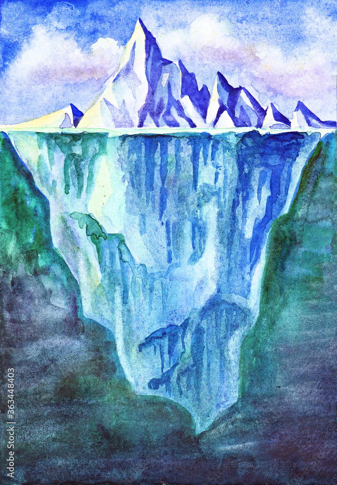 Watercolor illustration of the iceberg as a whole, its top and ...