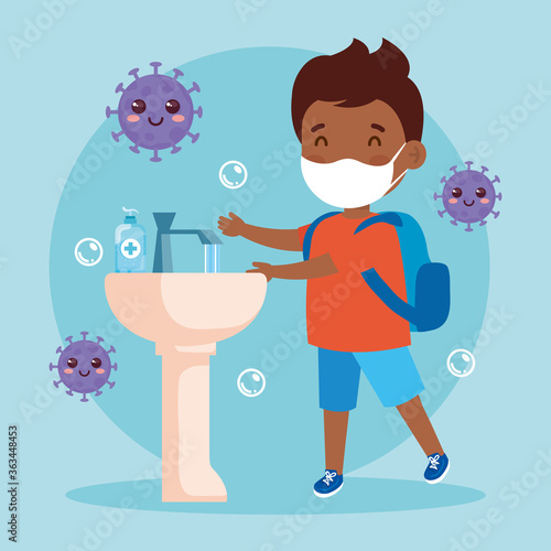 prevent covid 19, wearing medical mask, wash your hands, boy afro wearing protective mask, health care concept vector illustration design