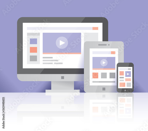 Computer, tablet, mobile phone internet video / movies on screen. Concepts: Youtube, Netflix, streaming films tv broadcasting, news, Cloud computing, Online collection, content provider, HD television