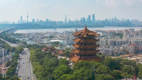 Aerial view of  Wuhan city .The yellow crane tower , located on snake hill in Wuhan, is one of the three famous towers south of yangtze river,China.
