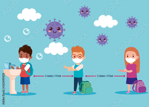 back to school for new normal lifestyle concept, kids wearing medical mask and social distancing protect coronavirus covid 19 vector illustration design