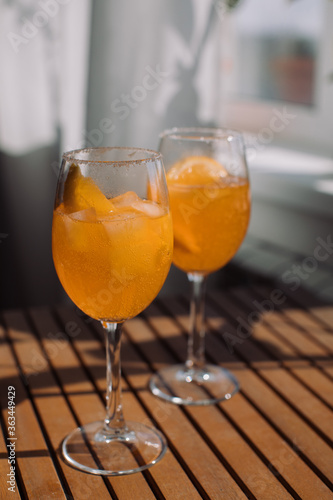 Summer citrus cold alcohol drink Aperol Spritz, closeup. 