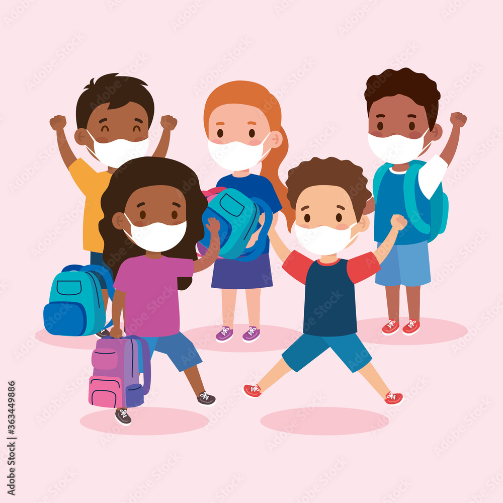 cute children wearing medical mask to prevent coronavirus covid 19, students children wearing protective medical mask vector illustration design cute children wearing medical mask to prevent coronavirus covid 19, students children wearing protective medical mask vector illustration design