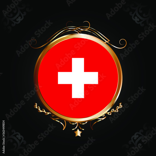 Flag of Switzerland round icon with gold Circle Frame, badge or button. Switzerland national symbol. Vector illustration.