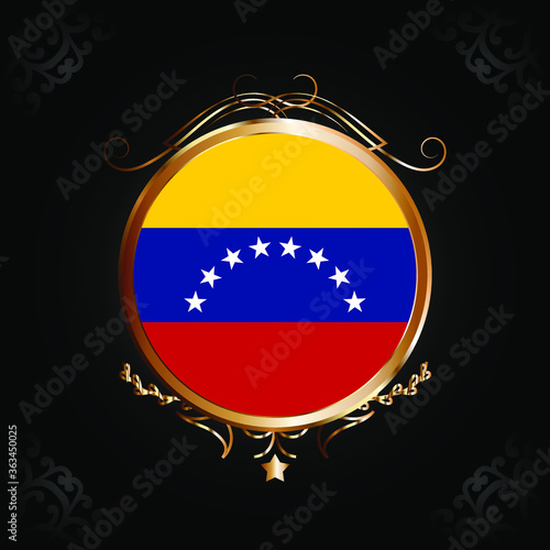 Flag of Venezuela round icon with gold Circle Frame, badge or button.Venezuela national symbol. Vector illustration.