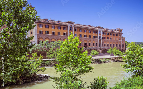 Rome Italy, fate bene fratelli hospital on Tiber river island "Tibertina" and trees