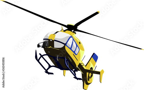 Modern yellow rescue helicopter flying in the air and landing