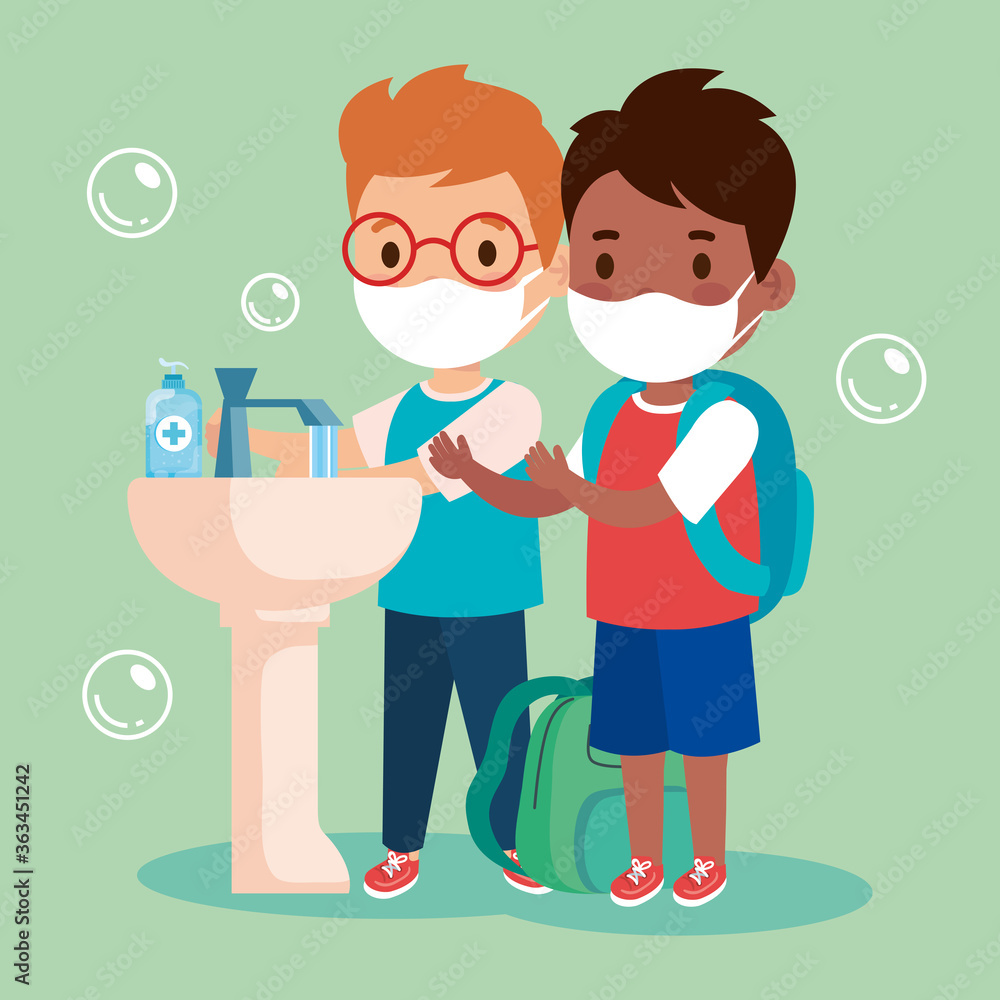 prevent covid 19, wearing medical mask, wash your hands, boys wearing protective mask, health care concept vector illustration design prevent covid 19, wearing medical mask, wash your hands, boys wearing protective mask, health care concept vector illustration design