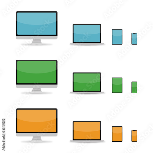 Vector color screen device mockup Design Set. Creative Realistic set of computer, laptop, tablet, and Mobile Device. Vector illustration