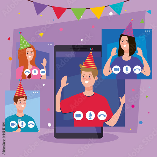 online party, meeting friends, people have online party together in quarantine, video conference, party web camera online holiday vector illustration design