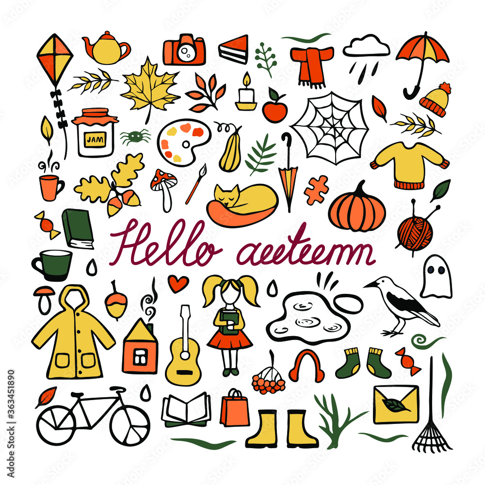Vector doodle set with many elements. Autumn. Vector doodle set with many elements. Autumn.