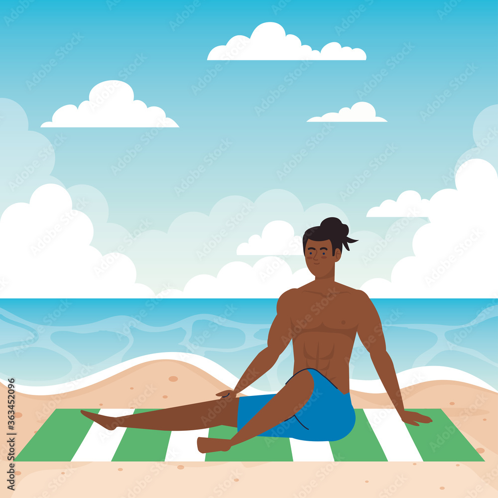man afro lying tanning in the beach, summer vacation season vector illustration design