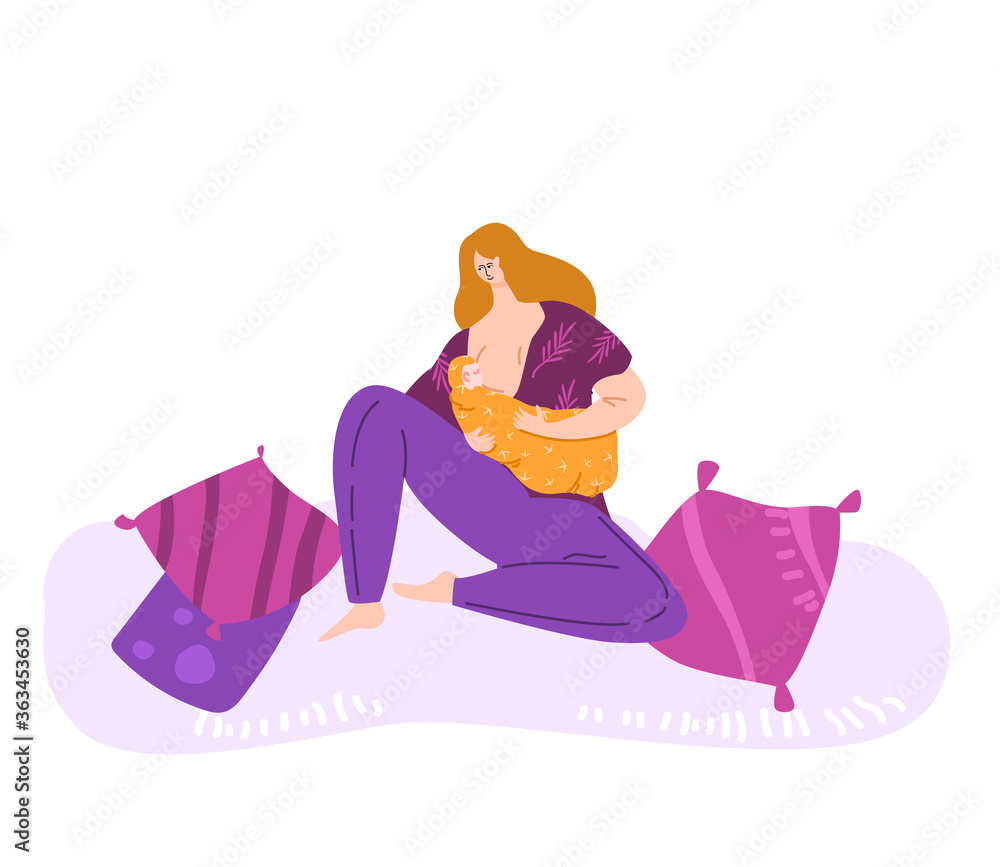 Breast feeding and happy motherhood, Young mother nursing baby, flat cartoon female character. Maternity leave, natural feeding concept. Woman breastfeeding her child indoors. flat vector illustration Breast feeding and happy motherhood, Young mother nursing baby, flat cartoon female character. Maternity leave, natural feeding concept. Woman breastfeeding her child indoors. flat vector illustration