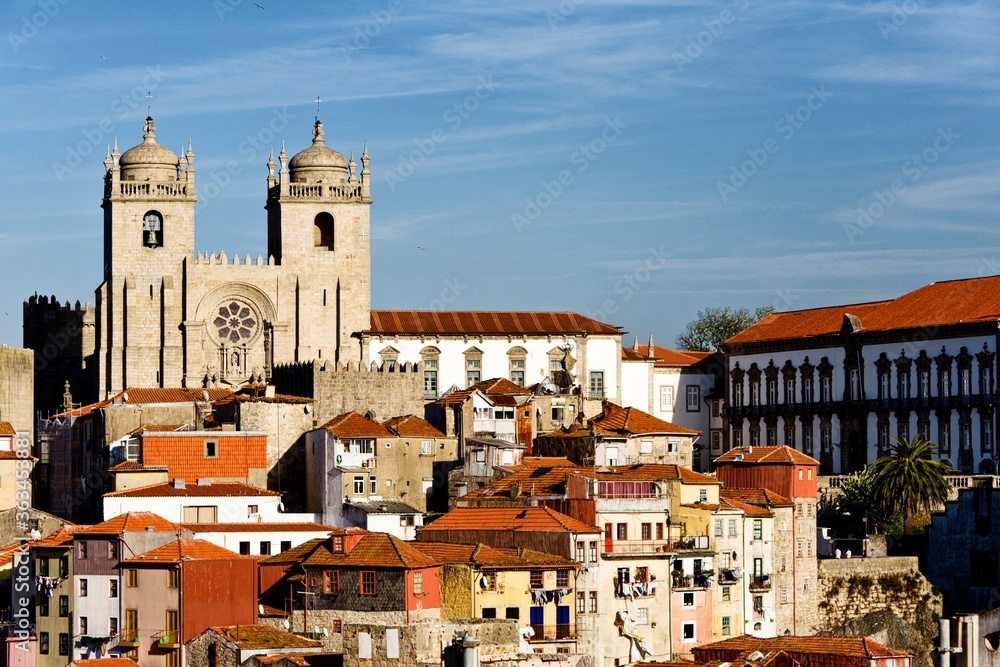 Cathedral and narrow streets of the Barredo distric in Porto, Portugal
