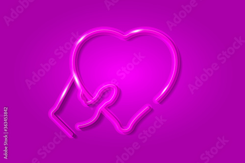 Hand gives heart glowing 3D symbol, card template on purple background. Vector illustration