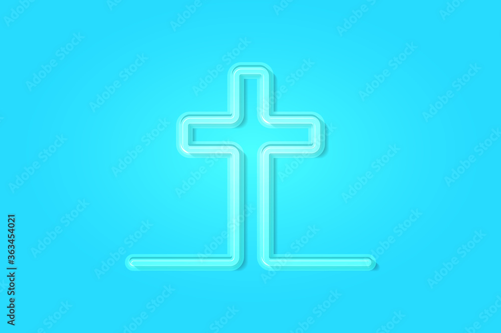 Obraz premium Christian cross glowing 3D symbol, card template on blue background. Vector illustration