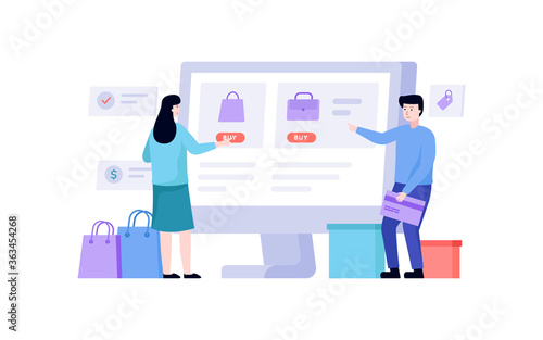women and men shop online on the webiste using desk computer, electonic payment using credit card, e-commerce business concept, flat vector illustration