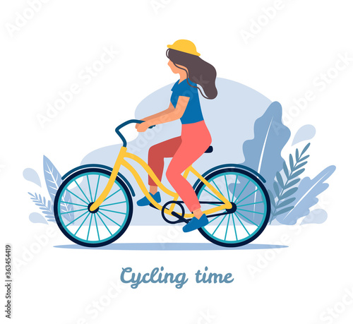 Cycling time background. Pretty young woman on a bicycle in nature. Adorable woman cyclist. Sport  healthy lifestyle. Flat cartoon colorful vector illustration.