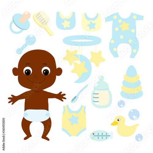 Set a small baby African or AfricanAmerican  newborn or first year of life and baby items: mobile, comb, feeding bottle, pacifier rubber duck, bodysuit, bib, rattle. Vector illustration.