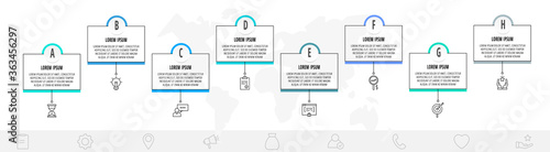 Thin line infographic template with 8 steps, labels. Modern business concept infographics with circles for diagram, web, workflow layout, presentations, flow chart, info graph, timeline, content.