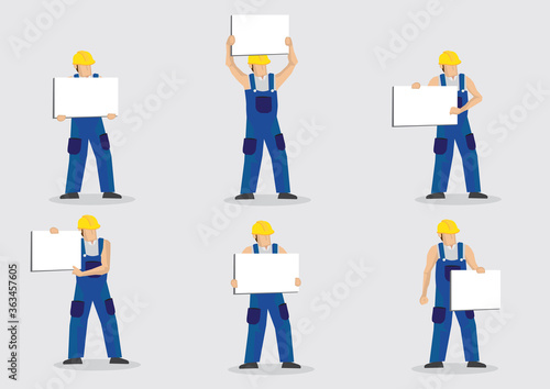 Construction Worker Holding Blank Display Placard Vector Character