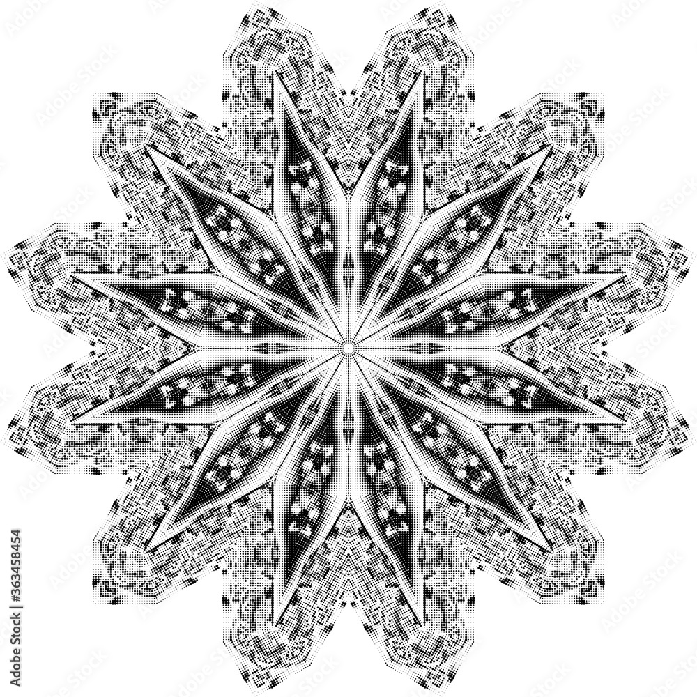 Obraz premium Halftone ornament, monochrome pattern. Drawing vintage style. Grunge texture. Festive vintage drawing. Abstract art background. Modern symmetric pattern. Festive art backdrop. Creative vector element
