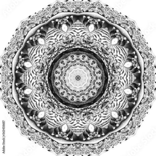Halftone ornament, monochrome pattern. Drawing vintage style. Grunge texture. Festive vintage drawing. Abstract art background. Modern symmetric pattern. Festive art backdrop. Creative vector element
