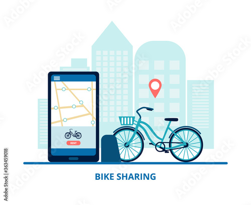 Bike sharing or rental concept. Online bicycle rent service app. Bicycle on rental spot . Flat vector illustration for banner, web, mobile app, flyer, poster.