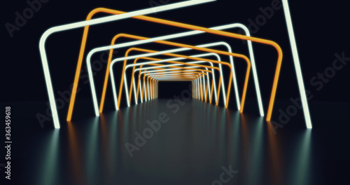 Abstract background, tunnel of glowing arcs. 3D render.