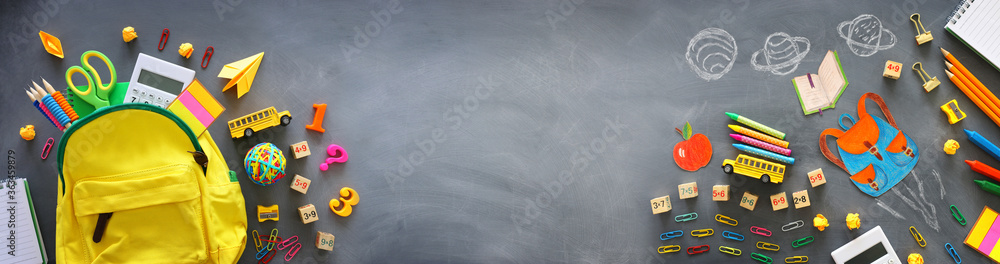 Fototapeta premium education. Back to school concept over blackboard background. top view, flat lay