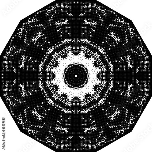 Halftone ornament, monochrome pattern. Drawing vintage style. Grunge texture. Festive vintage drawing. Abstract art background. Modern symmetric pattern. Festive art backdrop. Creative vector element