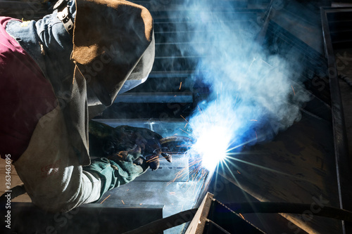 Gas metal arc welding (GMAW, MAG, MIG). MIG welding is a metal shielding gas welding process (GMAW) with inert gas, in which the light arc burns between a continuously fed melting wire electrode.