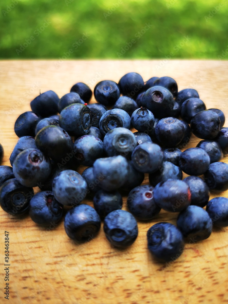 Blueberry (Vaccinium myrtillus) close-up. Berries on a wooden board in the background of green grass. Forest fruits. Blueberry (Vaccinium myrtillus) close-up. Berries on a wooden board in the background of green grass. Forest fruits.